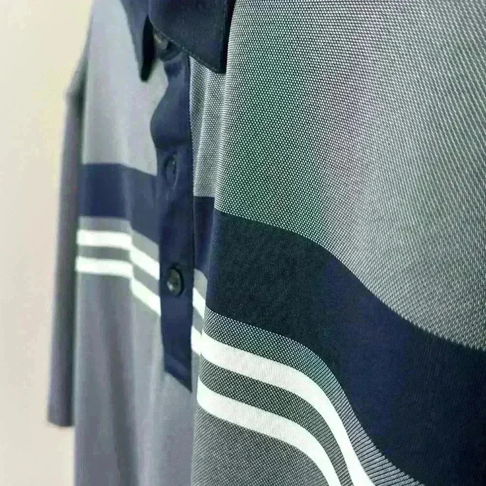 Callaway Men’s (L) Short Sleeve Birdseye Block Polo, Grey, Blue and White Stripe